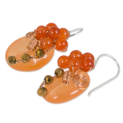 Quartz dangle earrings, 'Garden Bliss in Orange' - Orange Quartz and Glass Bead Dangle Earrings with Copper