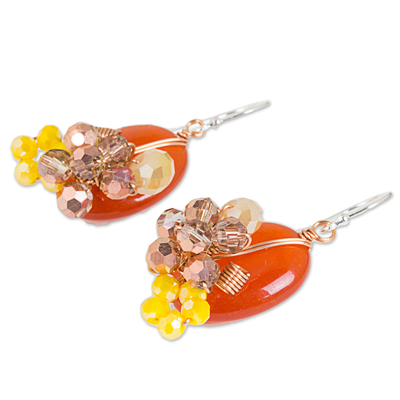 Quartz dangle earrings, 'Garden Bliss in Deep Orange' - Orange Quartz and Glass Bead Dangle Earrings with Copper