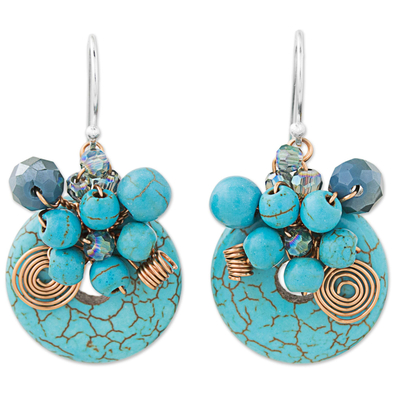 Beaded dangle earrings, 'Moonlight Garden in Blue' - Dyed Calcite Sterling Silver Dangle Earrings from Thailand