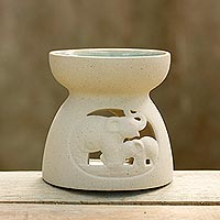 Ceramic oil warmer, 'Mother and Child Elephant' - Ceramic Oil Warmer with Elephant Carving from Thailand