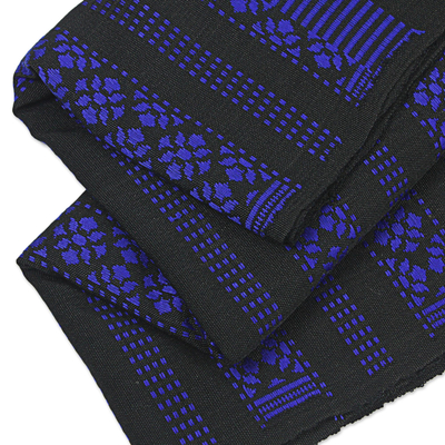 Cotton table runner, 'Royal Blue Lamphun Blossom' - Black and Royal Blue Floral Patterned Cotton Table Runner