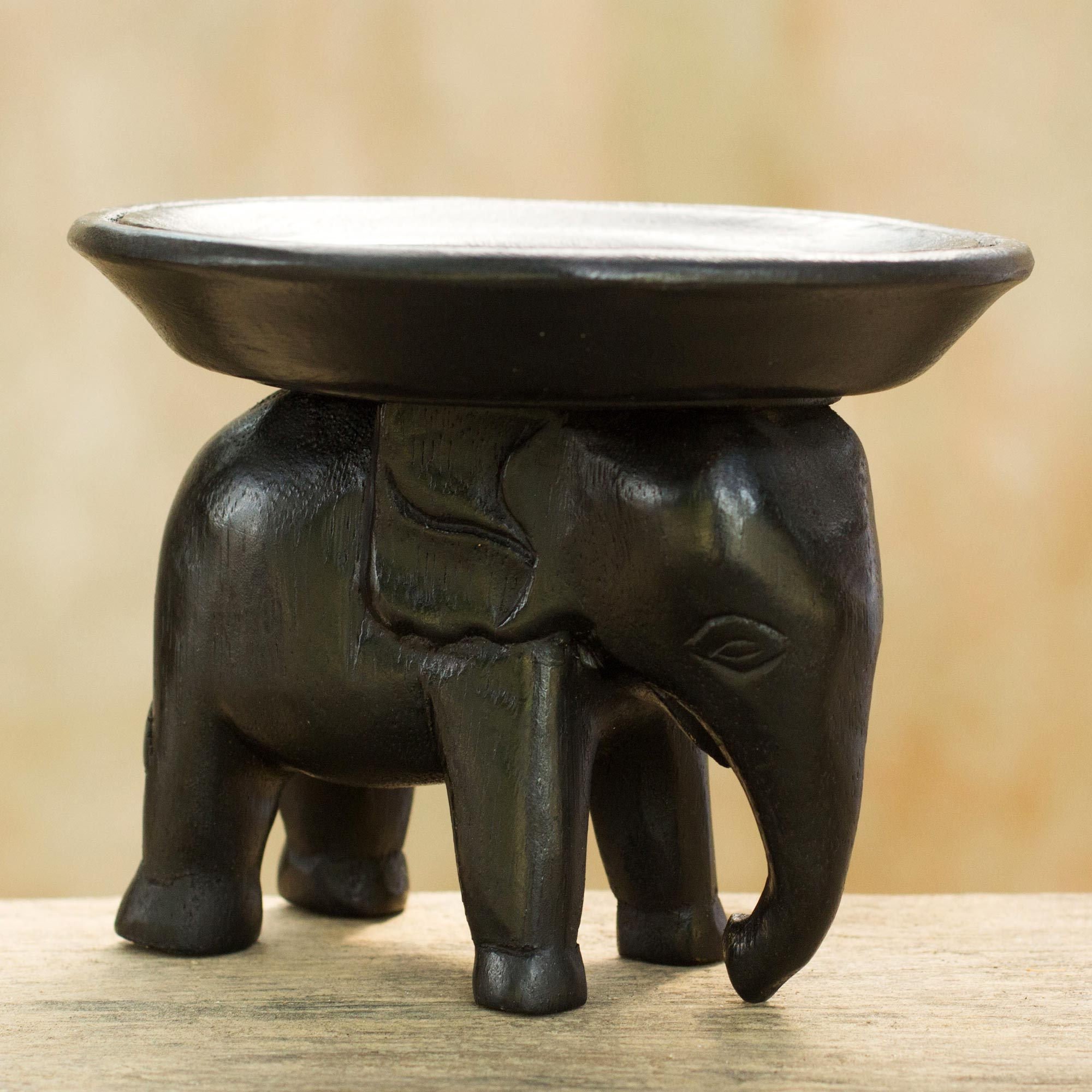 Hand Made Wood Sculpture Elephant Tray from Thailand - Majestic Elephant in  Black