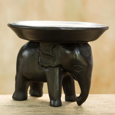 Wood sculpture, 'Majestic Elephant in Black' - Hand Made Wood Sculpture Elephant Tray from Thailand