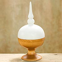 Wood decorative jar, 'Proud Spire' - Two Tone Mango Wood Jar White and Natural from Thailand