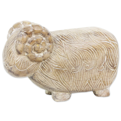 Wood sculpture, 'Woolly Sheep' - Hand Made Wood Sculpture of a Rustic Sheep from Thailand