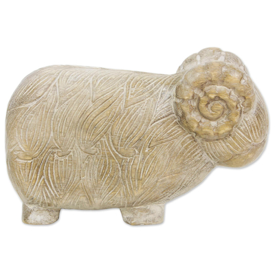 Wood sculpture, 'Woolly Sheep' - Hand Made Wood Sculpture of a Rustic Sheep from Thailand