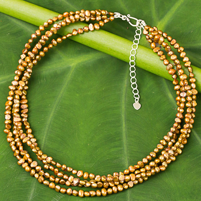 Collar de perlas cultivadas de agua dulce - Collar tailandés de cuatro hileras de perlas cultivadas en marrón dorado