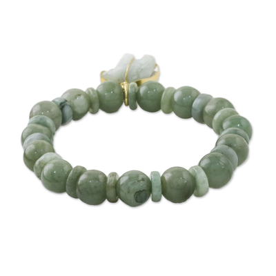 Jade beaded stretch bracelet, 'Jade Elephant' - Jade Beaded Bracelet Handmade in Thailand with Elephant