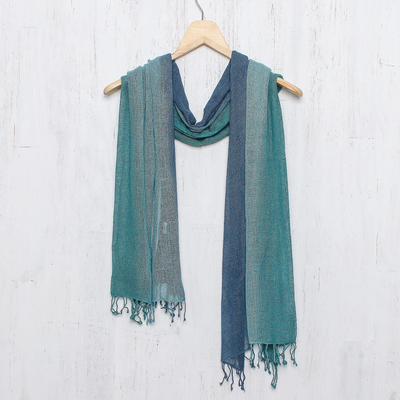 Silk scarf, 'Elusive Summer' - Hand Woven Silk Scarf in Teal Celadon Azure from Thailand