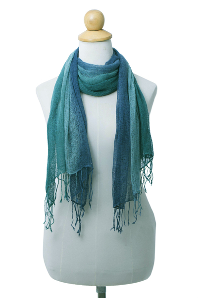 Silk scarf, 'Elusive Summer' - Hand Woven Silk Scarf in Teal Celadon Azure from Thailand