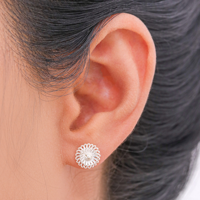 Sterling silver stud earrings, 'Zinnia Flowers' - Hand Made Sterling Silver Stud Earrings Floral Thailand