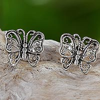 Sterling silver filigree stud earrings, 'Little Butterflies' - Sterling Silver Stud Earrings Butterfly Shape from Thailand