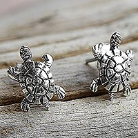 Sterling silver button earrings, 'Little Turtles' - Sterling Silver Button Earrings Turtle Shape from Thailand
