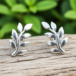 Sterling silver button earrings, 'Peaceful Leaves' - Sterling Silver Leaf Button Earrings from Thailand
