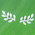 Sterling silver button earrings, 'Peaceful Leaves' - Sterling Silver Leaf Button Earrings from Thailand