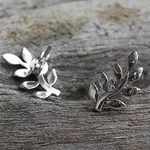 Sterling silver button earrings, 'Peaceful Leaves' - Sterling Silver Leaf Button Earrings from Thailand
