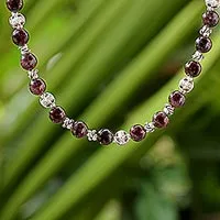 Garnet beaded necklace, 'Simple Grace' - Garnet and 950 Silver Beaded Necklace from Thailand