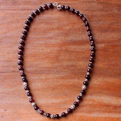 Garnet beaded necklace, 'Simple Grace' - Garnet and 950 Silver Beaded Necklace from Thailand