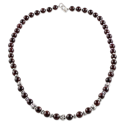 Garnet beaded necklace, 'Simple Grace' - Garnet and 950 Silver Beaded Necklace from Thailand