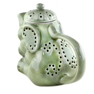 Ceramic oil warmer, 'Adorable Elephant' - Green Ceramic Clay Elephant Oil Warmer from Thailand