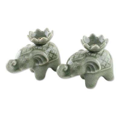 Seladon-Keramik-Räucherstäbchenhalter, (Paar) - Räucherstäbchenhalter aus Elefanten- und Lotuskeramik aus Thailand (2)