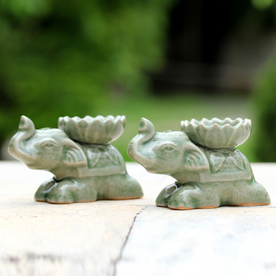 Ceramic incense holders, 'Polite Elephants' (pair) - Green Ceramic Elephant Incense Holders (Pair)
