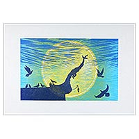 'Under the Moonlight' - Signed Woodcut Print of Birds on a Thai Temple Roof