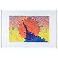 'In the Morning' - Signed Woodcut Print of Birds at a Temple at Dawn