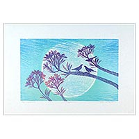 'Nighttime II' - Floral Landscape Woodcut Print in Blue and Violet