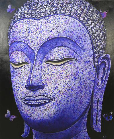 'Buddha Image in Purple' (2016) - Thai Painting of Purple Sukhothai Buddha with Butterflies