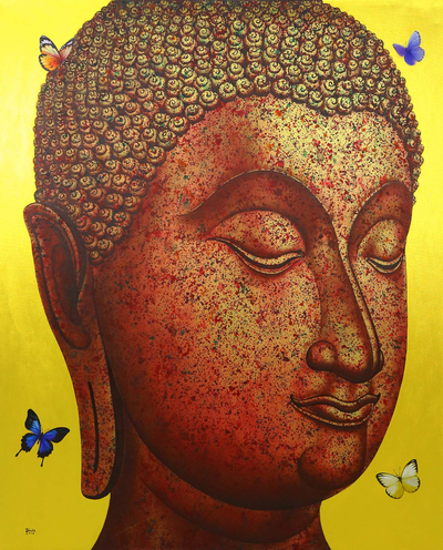 Golden Sukhothai Buddha with Butterflies Thai Painting