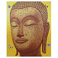 'Buddha Image in Gold II' (2016) - Thai Painting of Golden Sukhothai Buddha with Butterflies
