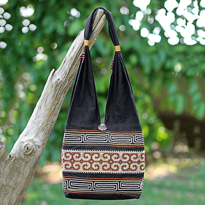 Cotton shoulder bag, 'Color of the Morning' - 100% Cotton Shoulder Bag Black and Brick from Thailand