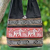 Cotton blend shoulder bag, 'Thai Elephants in Vermilion'