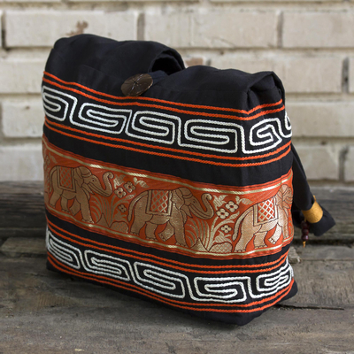 Cotton blend shoulder bag, 'Thai Elephants in Vermilion' - Cotton Blend Shoulder Bag Black Vermilion from Thailand
