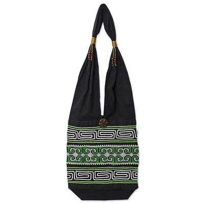 100% Cotton Green Black Embroidered Shoulder Bag Thailand