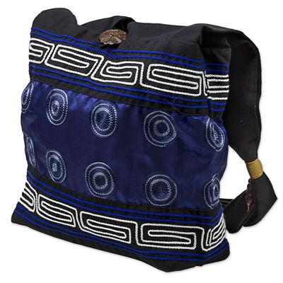Cotton and silk blend shoulder tote bag, 'Summer Indigo' - Cotton Silk Blend Shoulder Bag Indigo Black Thailand