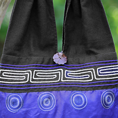 Cotton and silk blend shoulder tote bag, 'Summer Indigo' - Cotton Silk Blend Shoulder Bag Indigo Black Thailand
