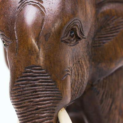 Wood sculpture, 'Relaxed Little Elephant' - Hand Made Wood Elephant Sculpture from Thailand