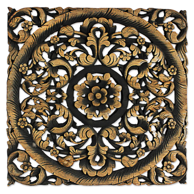 Teakwood relief panel, 'Luscious Garden' - Hand-carved Reclaimed Flower and Leaf Teakwood Wall Panel
