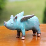 Ceramic figurine, 'Blue Flying Pig' - Ceramic Figurine of a Winged Blue Pig from Thailand