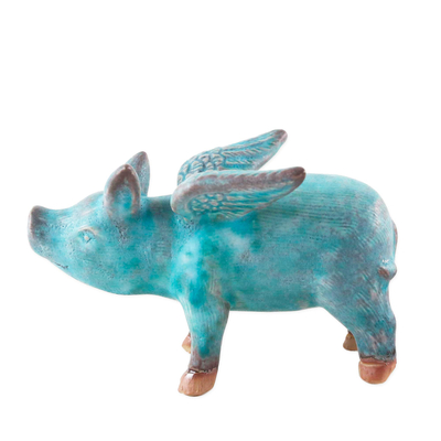 Keramikfigur - Keramikfigur eines geflügelten blauen Schweins aus Thailand