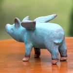 Ceramic figurine, 'Blue Flying Pig' - Ceramic Figurine of a Winged Blue Pig from Thailand