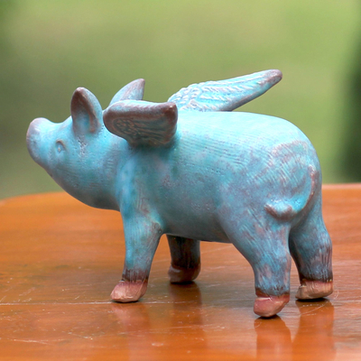 Estatuilla de cerámica - Figura de cerámica de un cerdo azul alado de Tailandia