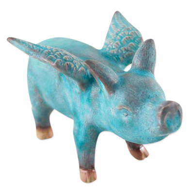 Ceramic figurine, 'Blue Flying Pig' - Ceramic Figurine of a Winged Blue Pig from Thailand