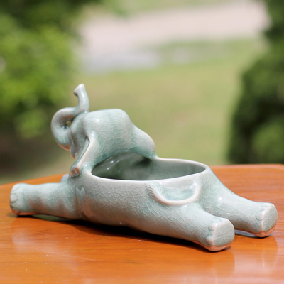 Celadon ceramic dish, 'Entertaining Elephant' - Green Celadon Ceramic Thai Elephant Dish