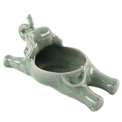 Celadon ceramic dish, 'Entertaining Elephant' - Green Celadon Ceramic Thai Elephant Dish