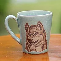 Celadon ceramic mug, 'Lupine Libation' - Hand Made Green Celadon Ceramic Painted Thai Wolf Mug