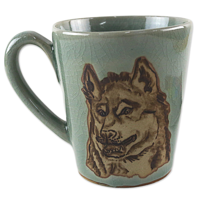 Celadon ceramic mug, 'Lupine Libation' - Hand Made Green Celadon Ceramic Painted Thai Wolf Mug