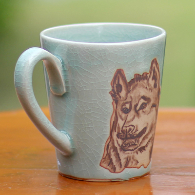 Celadon ceramic mug, 'Lupine Libation' - Hand Made Green Celadon Ceramic Painted Thai Wolf Mug